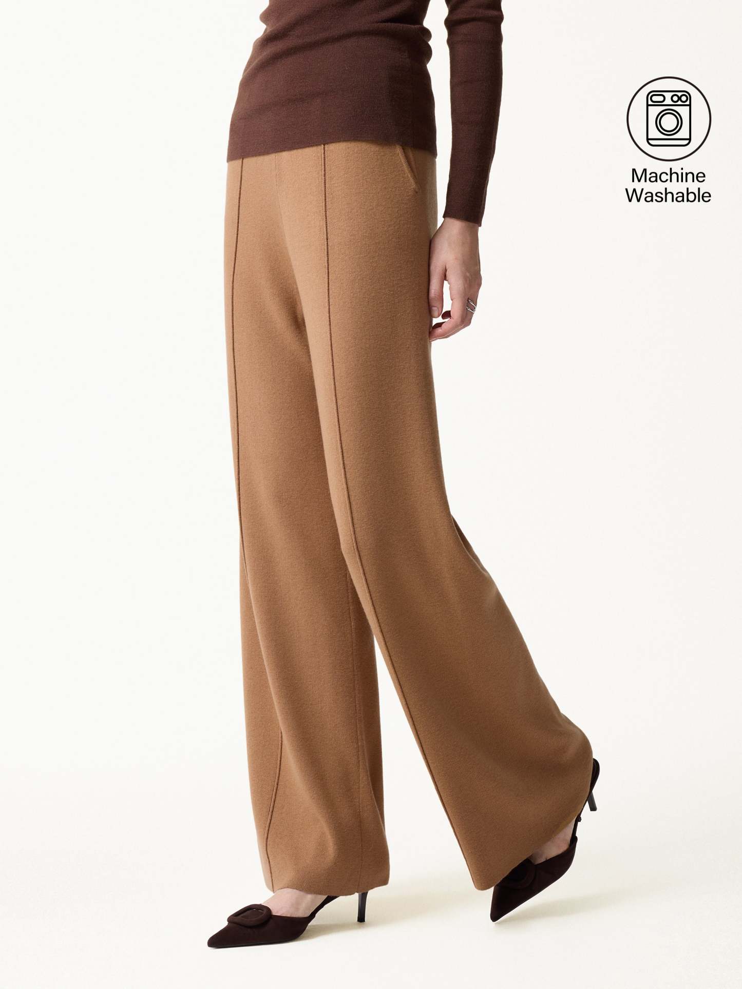 Merino Blend High-Rise Pintuck Wide-Leg Pants with Pockets
