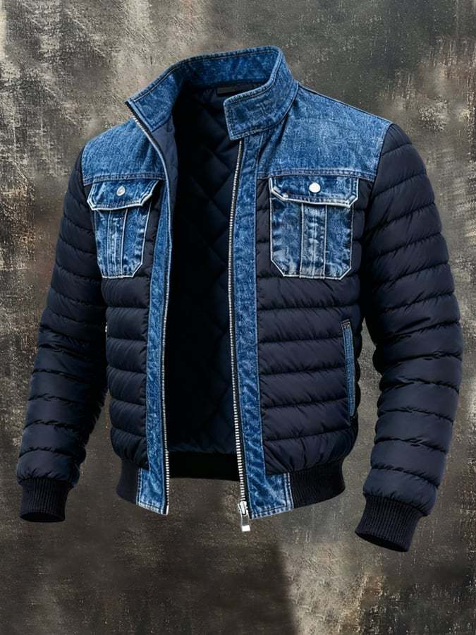 Men'S Vintage Denim Patchwork Outdoor Jacket Cotton Coat