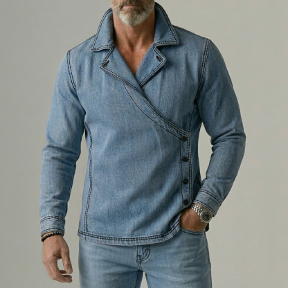 Men's Denim Lapel Collar Asymmetrical Wrap Button Contrast Stitching Long Sleeve Shirt