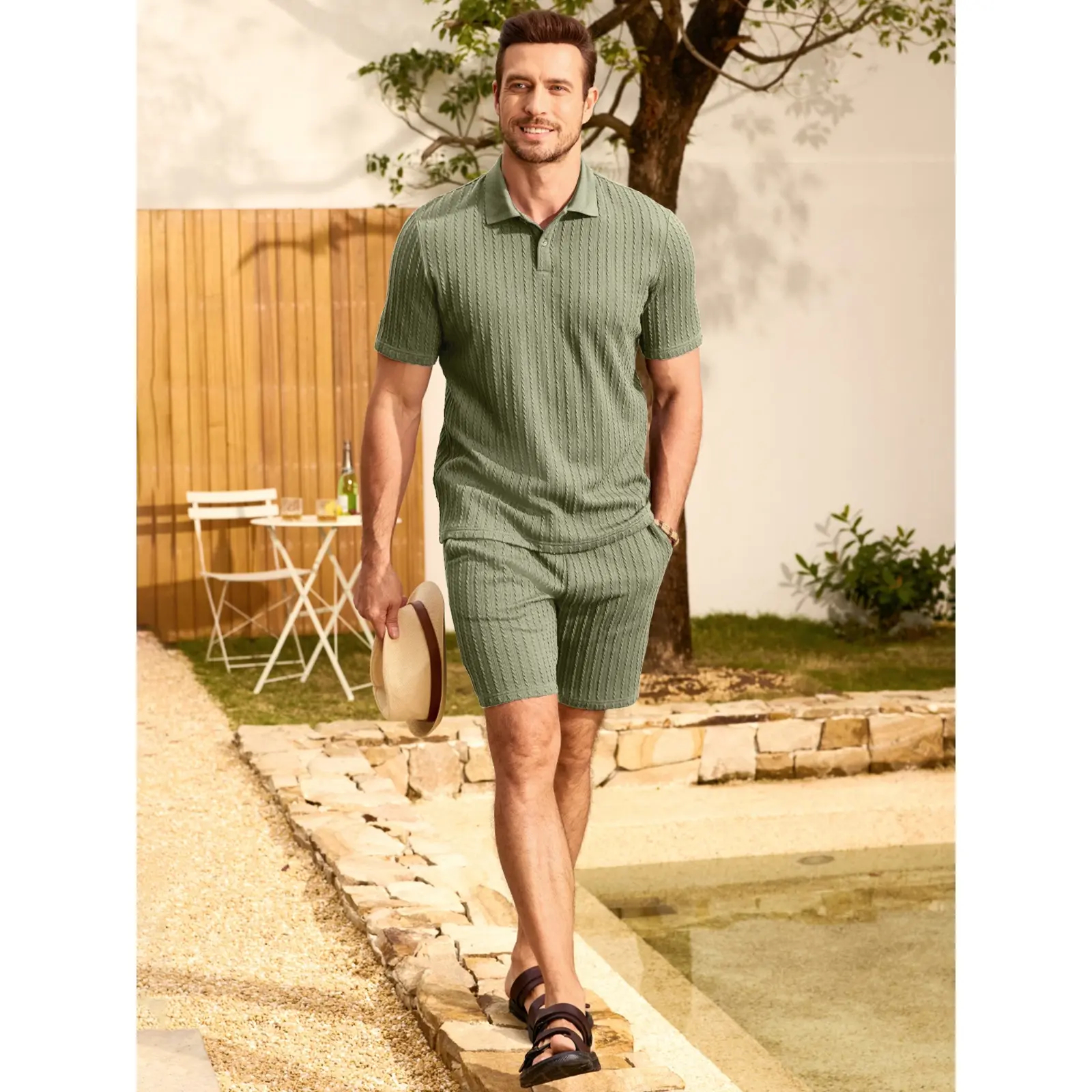 Men's 2-Piece Jacquard Knit Lounge Sets Short Sleeve Polo Shirt & Short Set