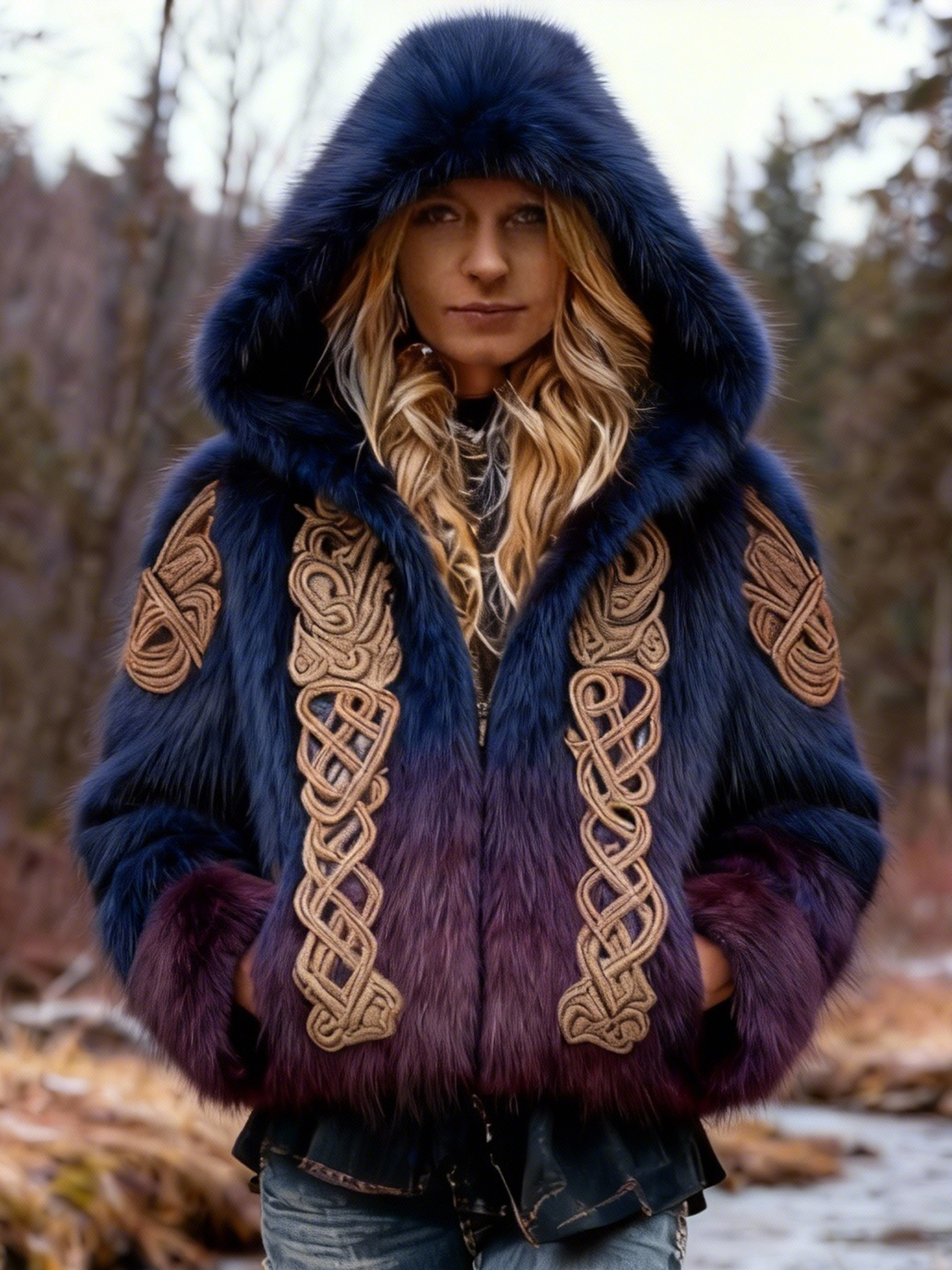 Women's Vintage Viking Celtic Knot Embroidered Ombre Cozy Warm Zip-up Hoodie Faux Fur Sweatshirt Coat