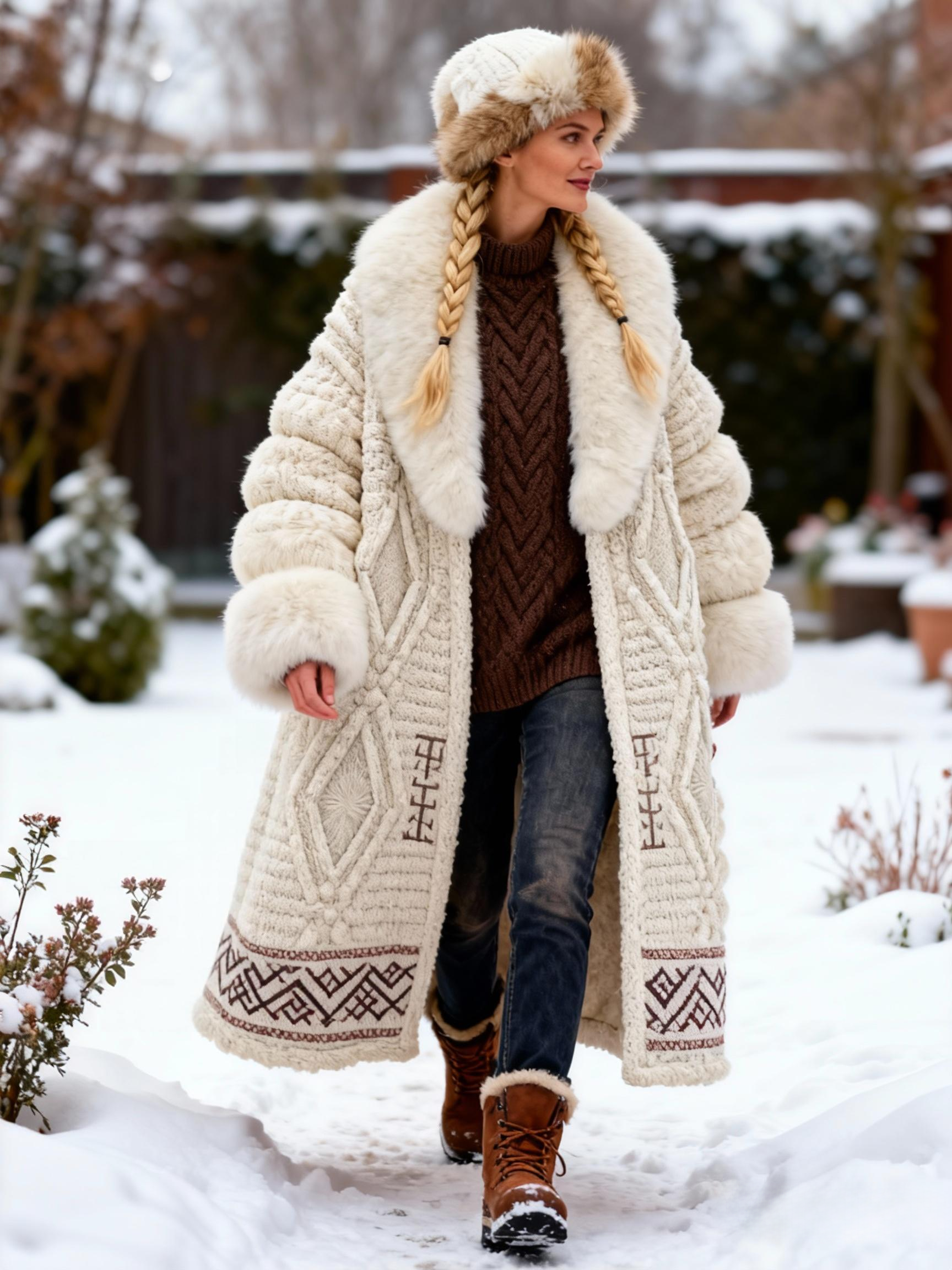  Ethnic Embroidery Long Warm Knit Winter Coat with Faux Fur Collar