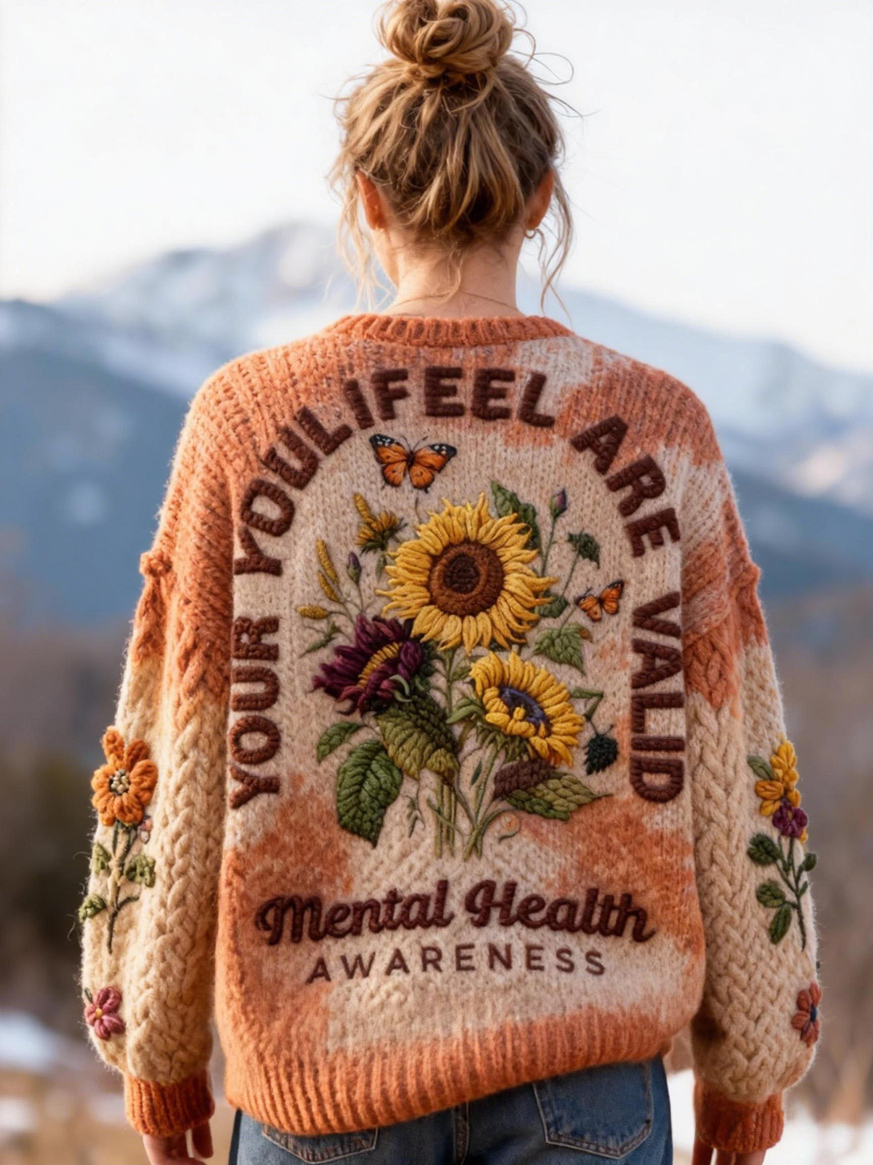 "Your Feelings Are Valid" Mental Health Quote Sunflower Embroidery Tie-dye Knit Sweater Oversized Cozy Soft Pullover