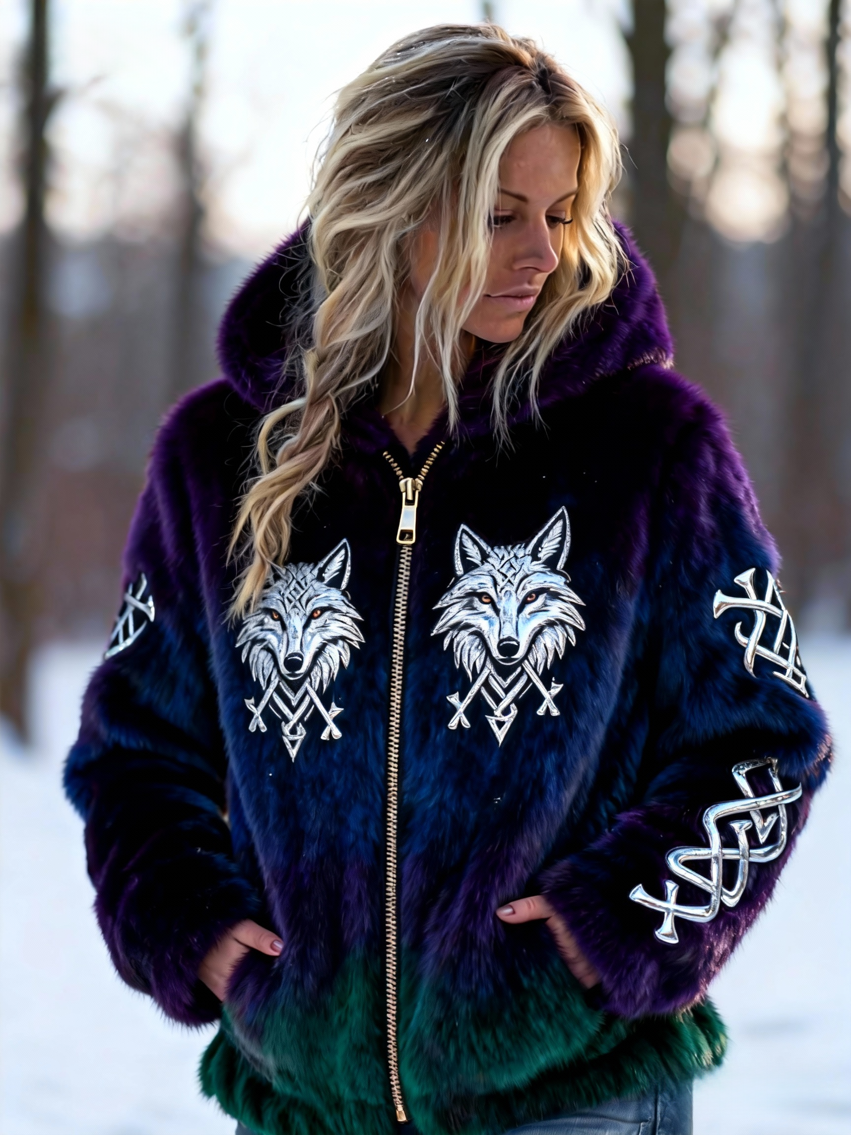 Women's Vintage Silver Wolf & Viking Embroidered Ombre Faux Fur Hooded Jacket