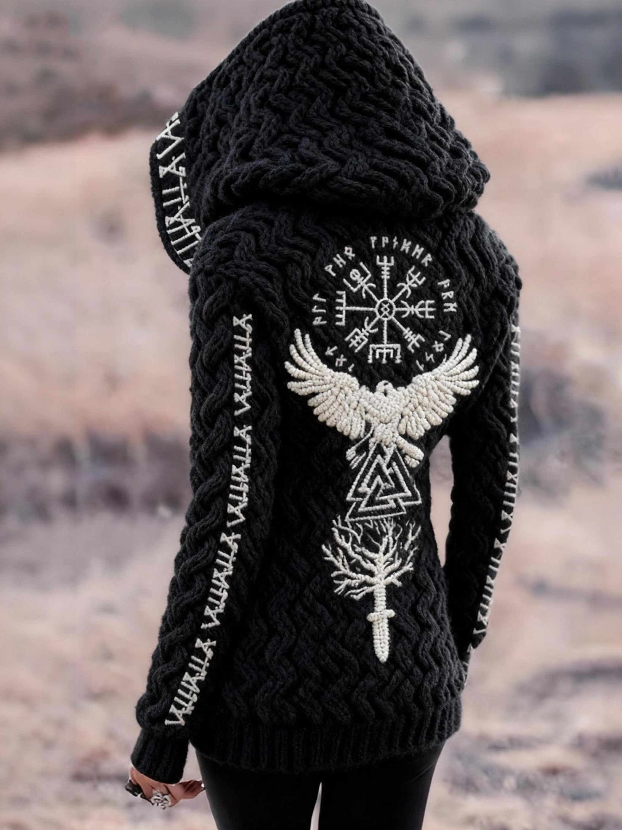 Women's Viking Runes Yggdrasil Tree & Eagle Embroidered Black Chunky Knit Hooded Cardigan