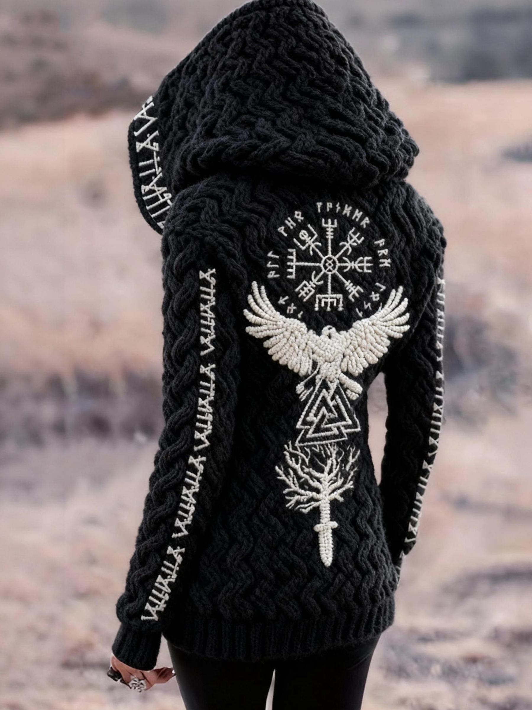 Women's Viking Runes Yggdrasil Tree & Eagle Embroidered Black Chunky Knit Hooded Cardigan