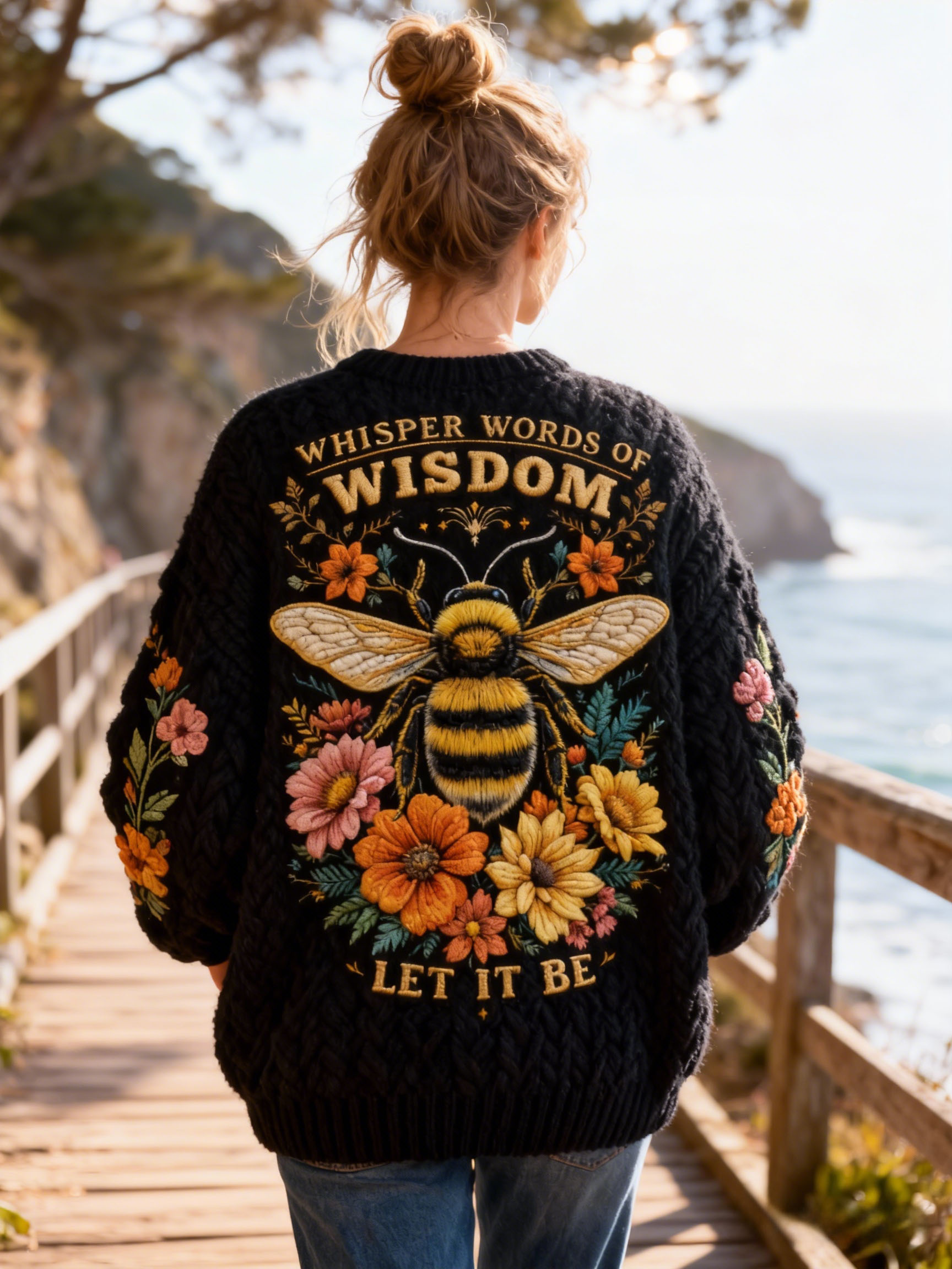  "Whisper Words of Wisdom Let It Be" Bee & Floral Embroidery Knit Sweater Oversized Cozy Soft Pullover