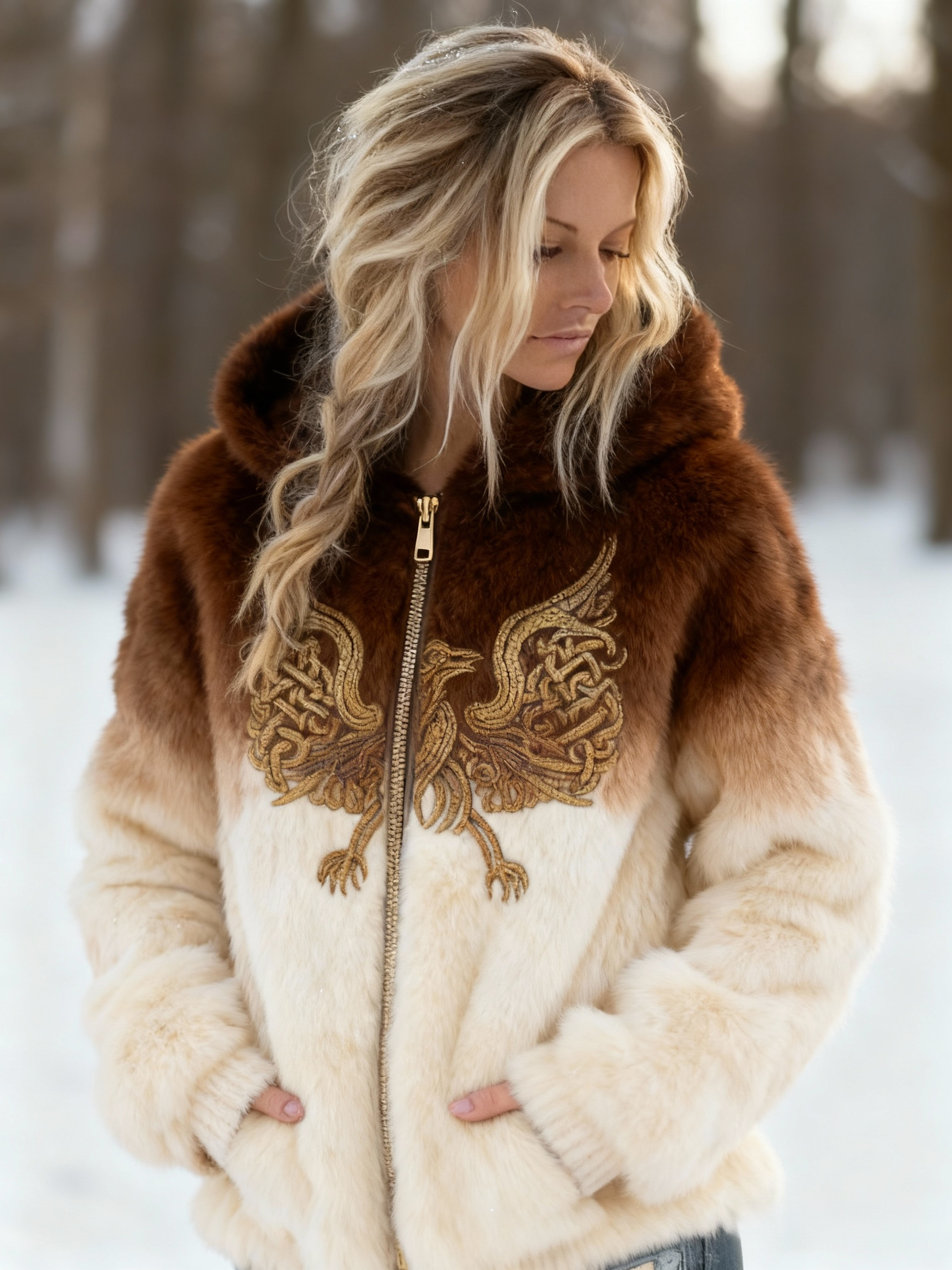 Women's Golden Phoenix Viking Knotwork Embroidered Ombre Faux Fur Hooded Coat