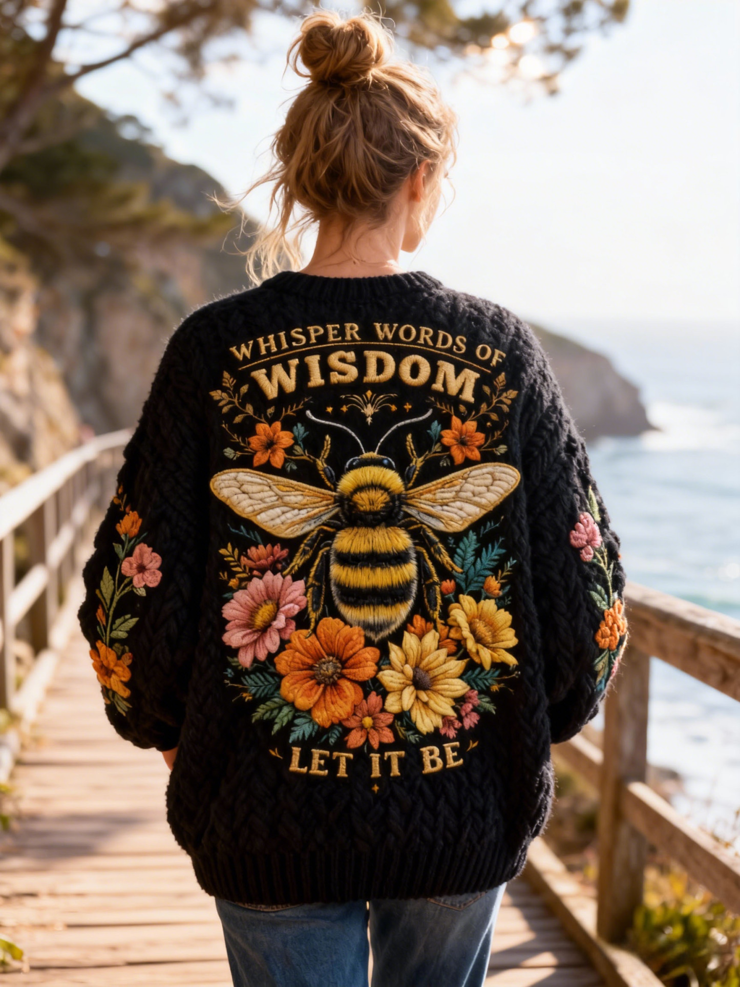  "Whisper Words of Wisdom Let It Be" Bee & Floral Embroidery Knit Sweater Oversized Cozy Soft Pullover