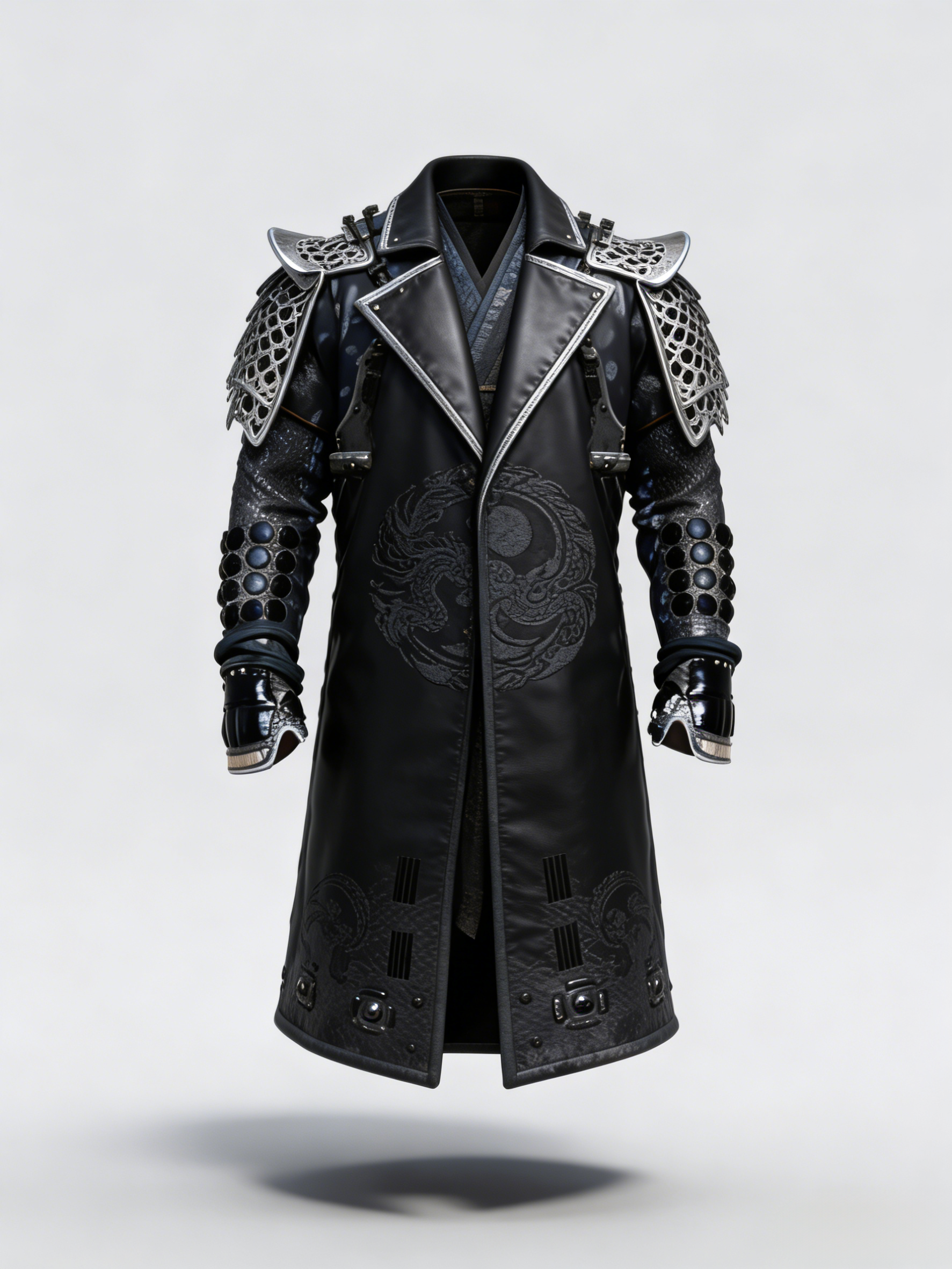 Men's Fashionable Leather Samurai Coat Silver Dragon Embroidery Gothic Cosplay Jacket