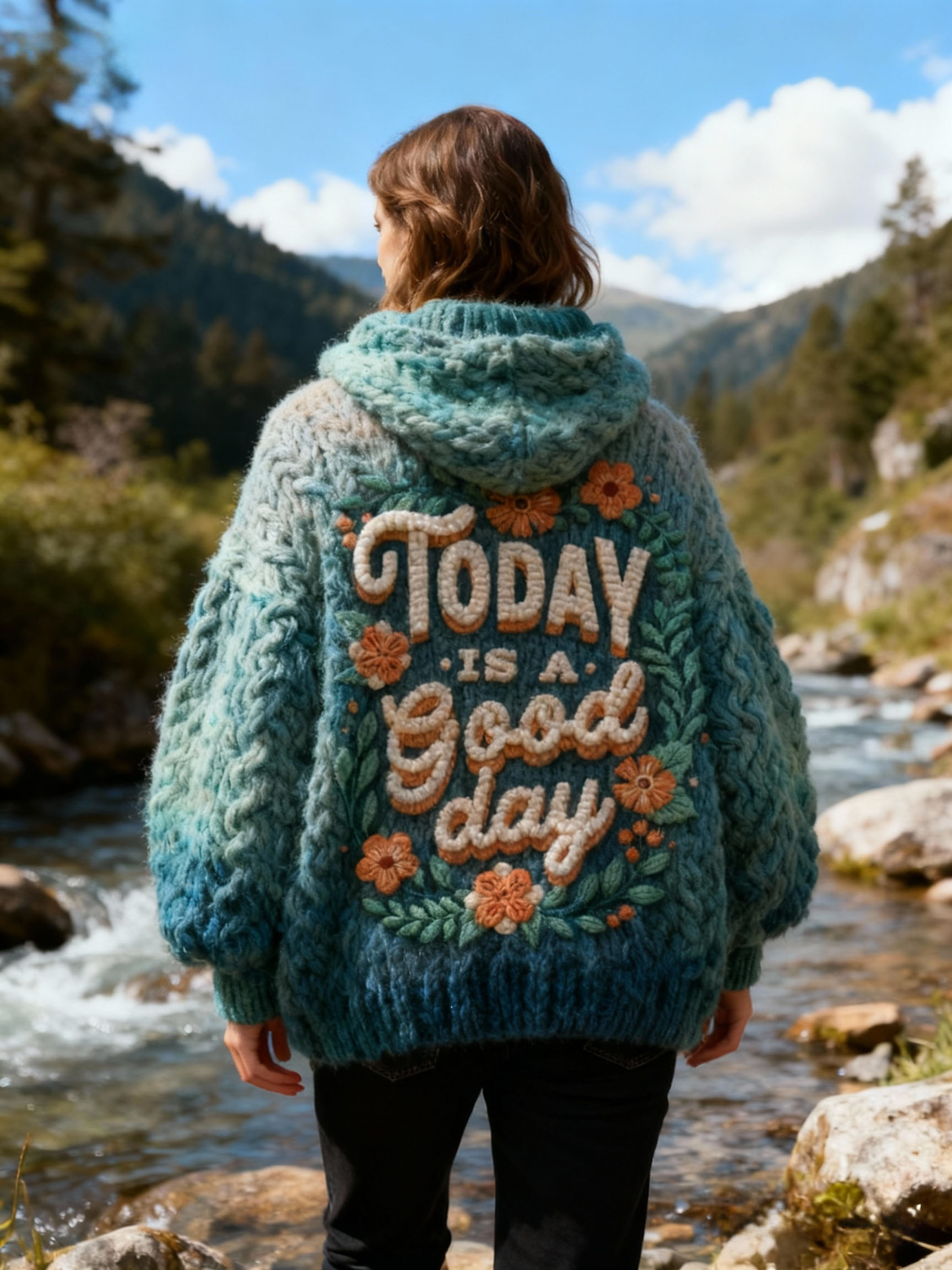 "Today Is A Good Day" Floral Embroidery Teal & Blue Ombre Knit Cardigan 