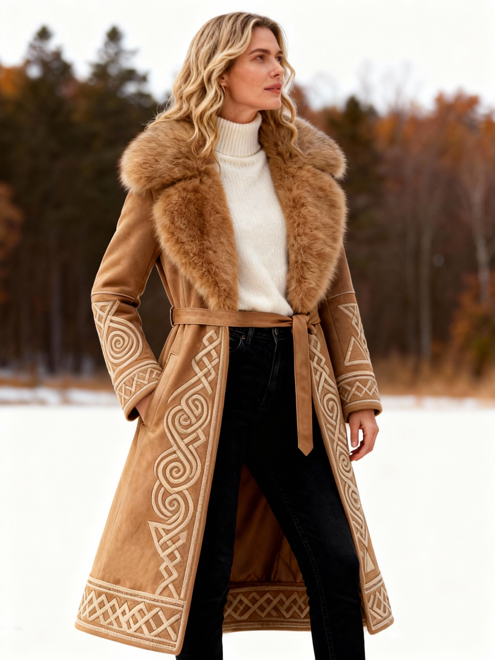 Celtic Embroidery Camel Suede Winter Coat with Faux Fur Collar Waist Belt Long Warm Outerwear