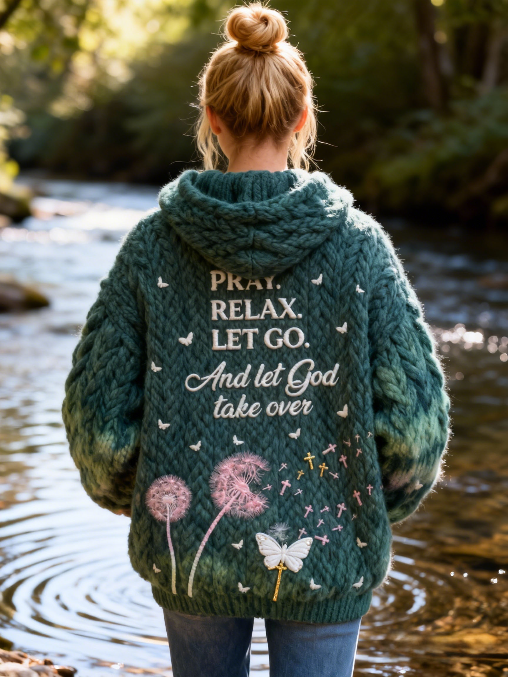 "Pray Relax Let Go And Let God Take Over" Quote Christian Dandelion Embroidery Tie-dye Knit Hooded Sweater