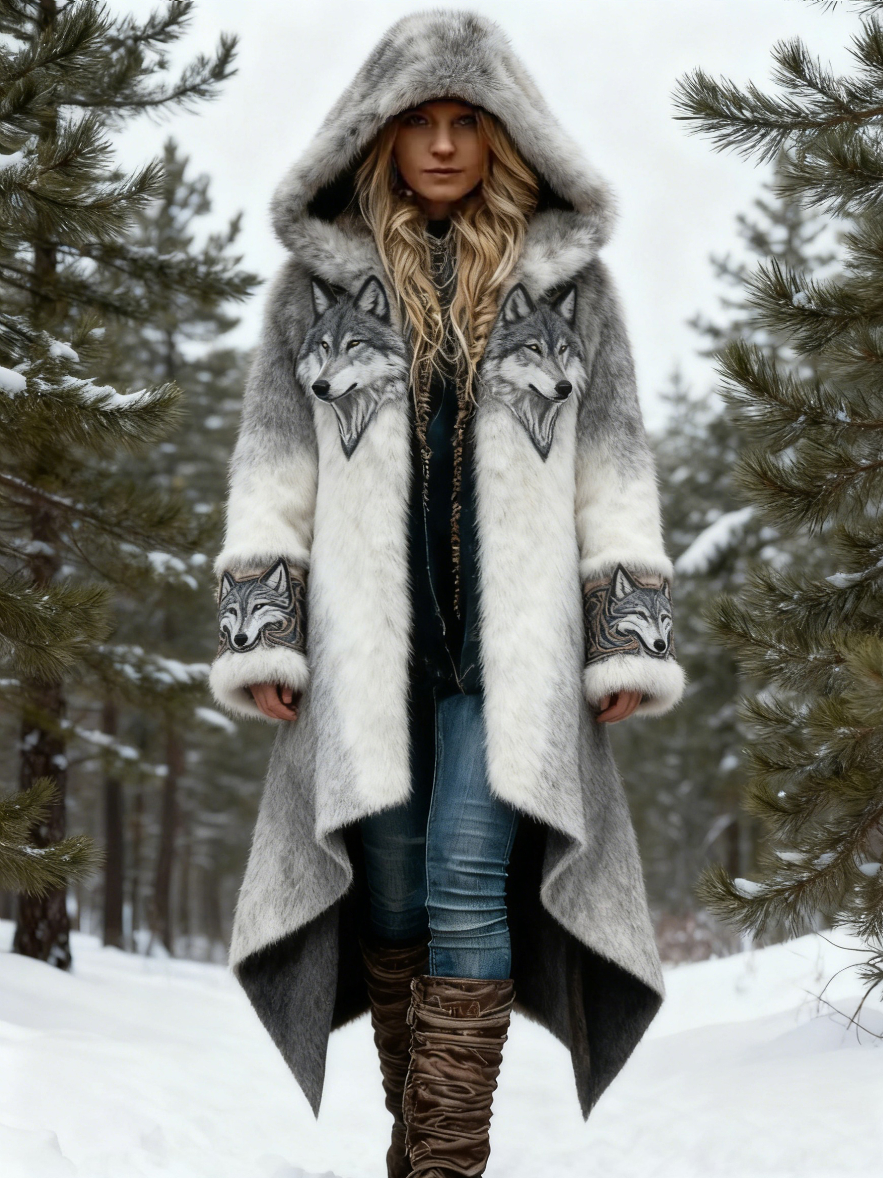 Vintage Viking Wolf Embroidery Asymmetrical Hem Gradient Faux Fur Hooded Coat Winter Warm Outerwear