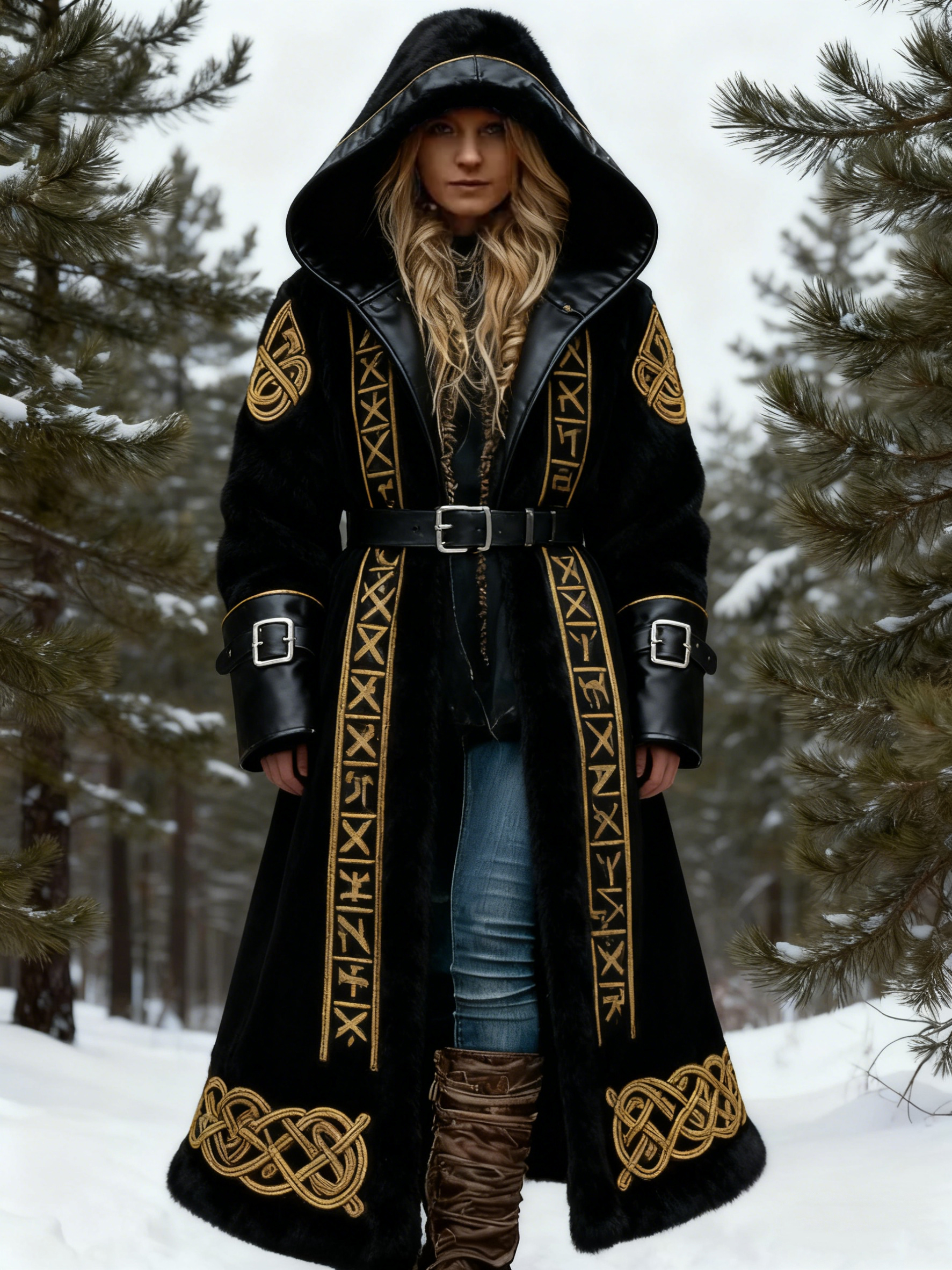 Gold Viking Runes & Knot Embroidery Faux Fur Winter Coat with Leather Waist Belt Hooded Long Outerwear
