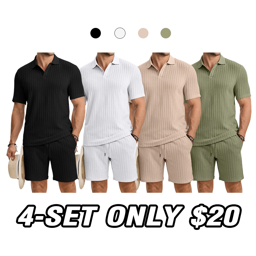 Men's 2-Piece Jacquard Knit Lounge Sets Short Sleeve Polo Shirt & Short Set