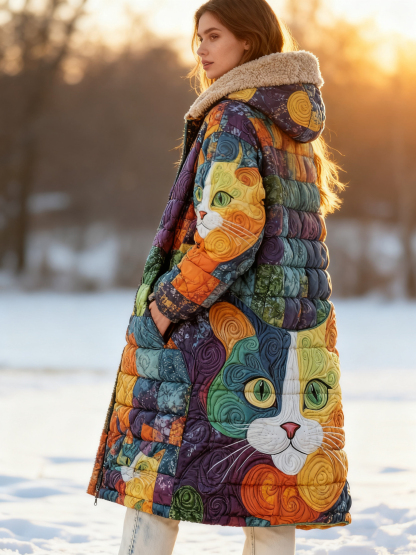 Abstract Swirl Cat Warm Coat Fleece Lined Long Hooded Quilted Jacket