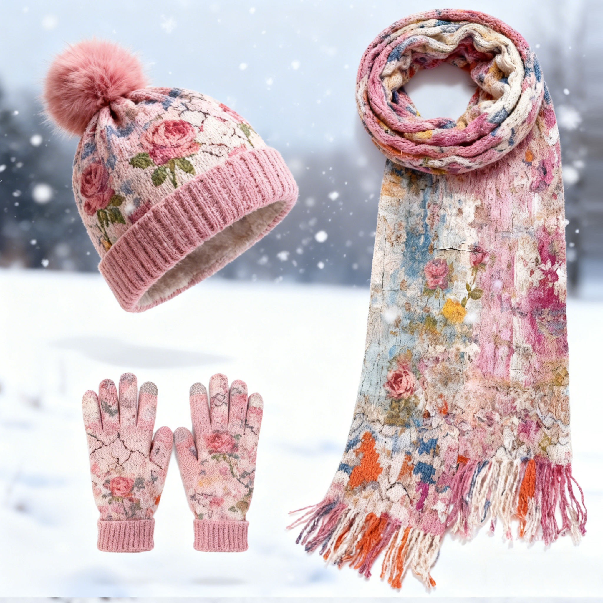Womens Watercolor Floral 3Pcs Knit Hat Long Scarf and Touchscreen Gloves Set Fleece Lined Pom Pom Beanie Winter Gift 