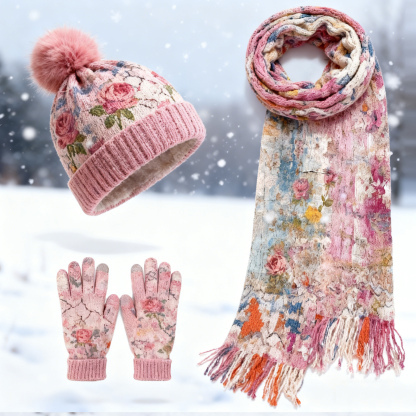 Womens Watercolor Floral 3Pcs Knit Hat Long Scarf and Touchscreen Gloves Set Fleece Lined Pom Pom Beanie Winter Gift 