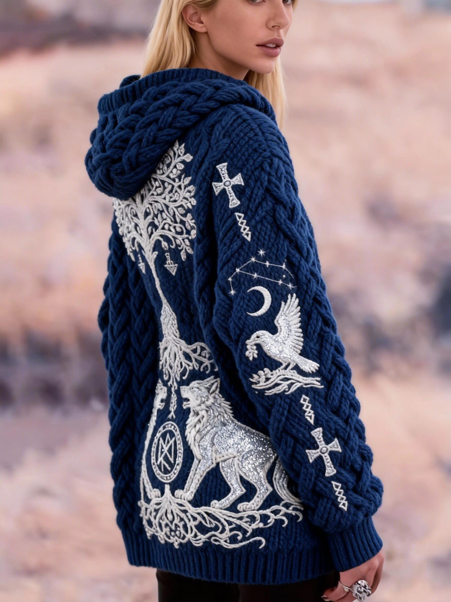 Women's Yggdrasil Tree Wolf & Eagle Embroidered Chunky Knit Hooded Cardigan