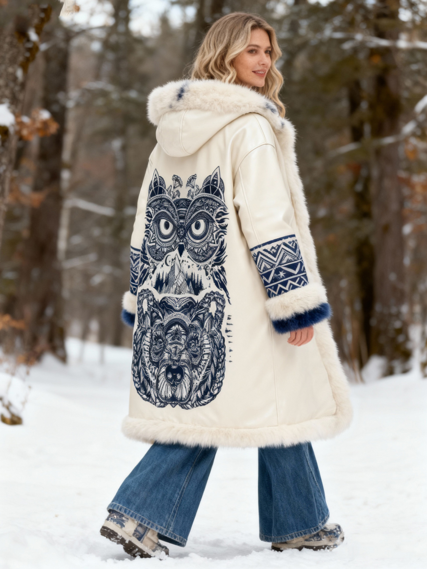 Owl & Bear Print Leather Hooded Winter Coat with Faux Fur Trim