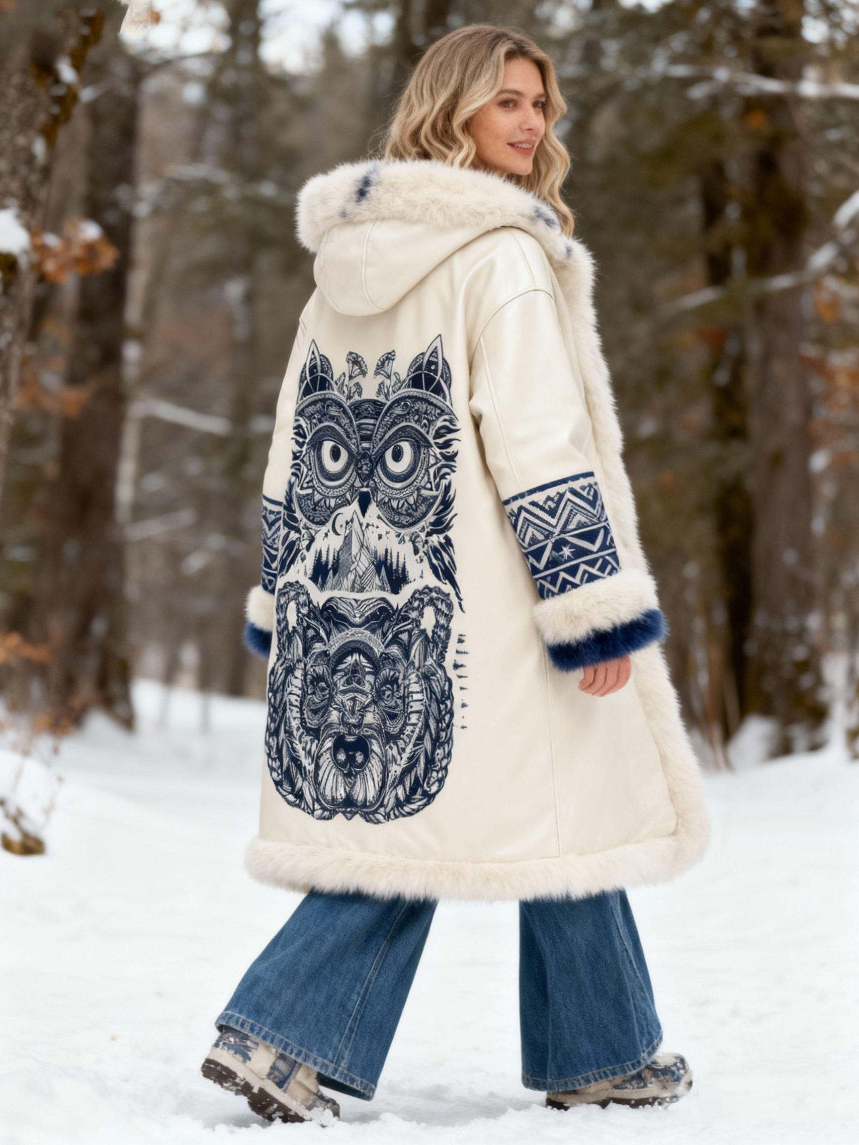 Owl & Bear Print Leather Hooded Winter Coat with Faux Fur Trim