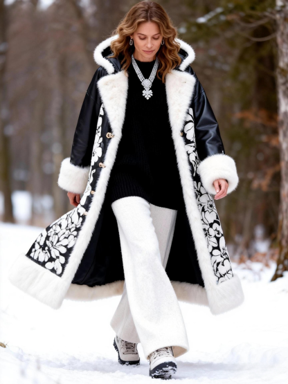  Floral Print Hooded Leather Winter Coat with Faux Fur Trim 