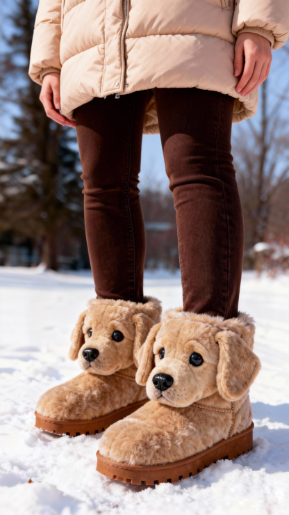 3D Warm Golden Retriever Plush Snow Boots Fleece-Lined Non-slip Thick-soled Boots