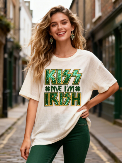 'KISS ME I'M IRISH' Sequin Graphic T-Shirt St. Patrick's Day Casual Tee