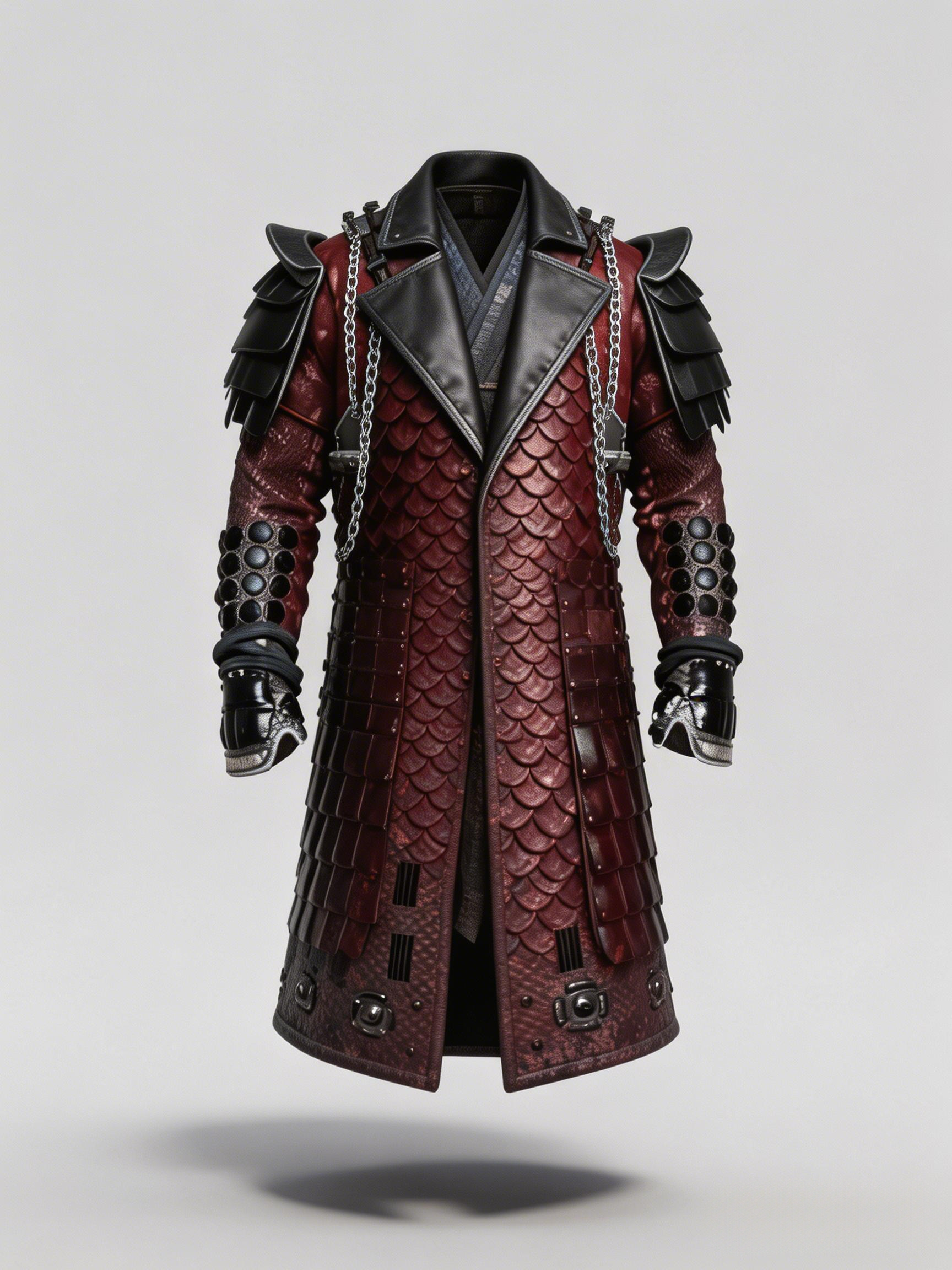 Men's Fashionable Red Samurai Trench Coat Silver Chain Accents Gothic Cosplay Jacket
