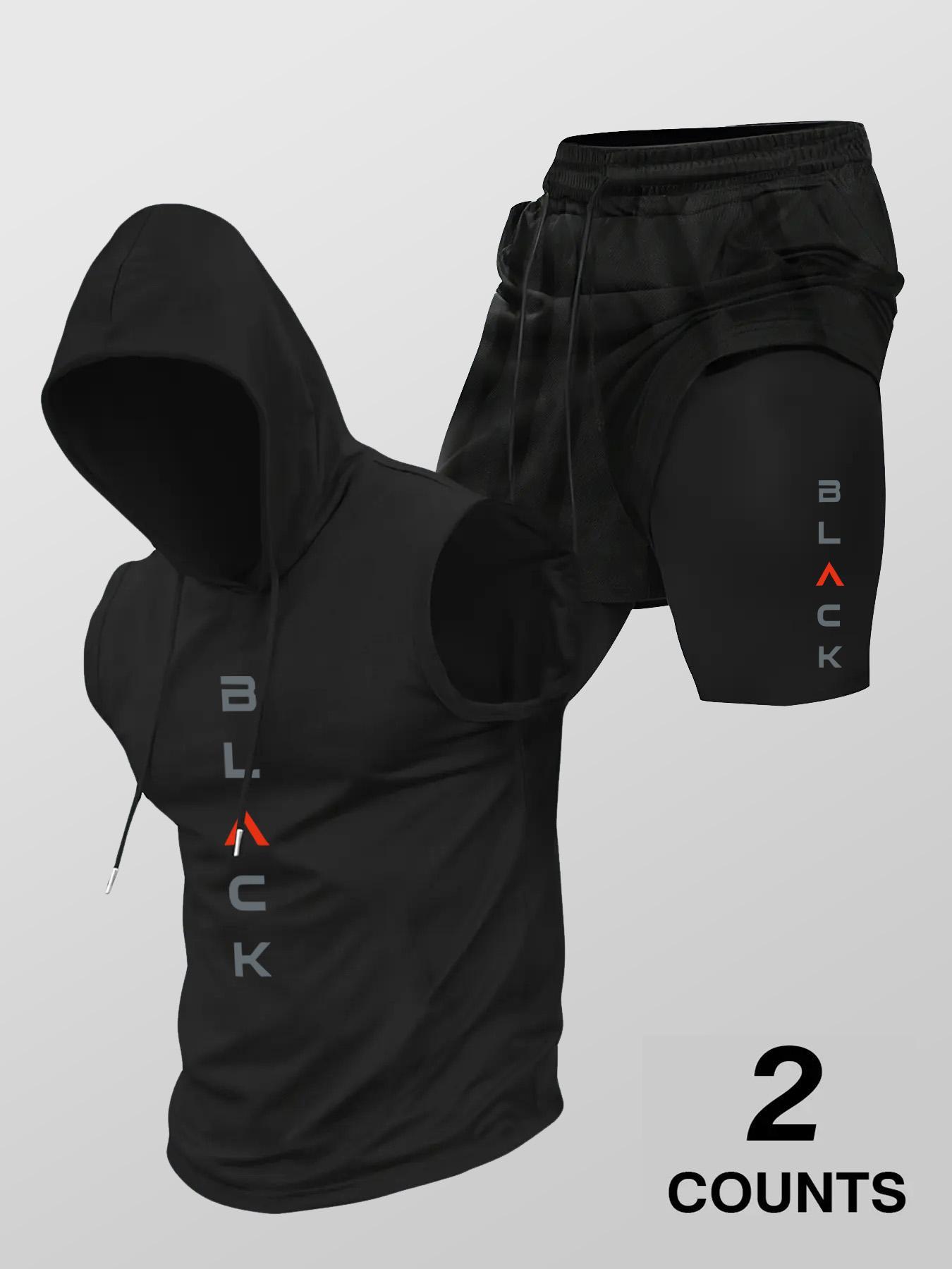 Two-Piece Set Men's Hooded Graphic Tank Top & Shorts Set, Regular Fit Casual Sleeveless Top & Shorts, Men's Clothing Set for Summer