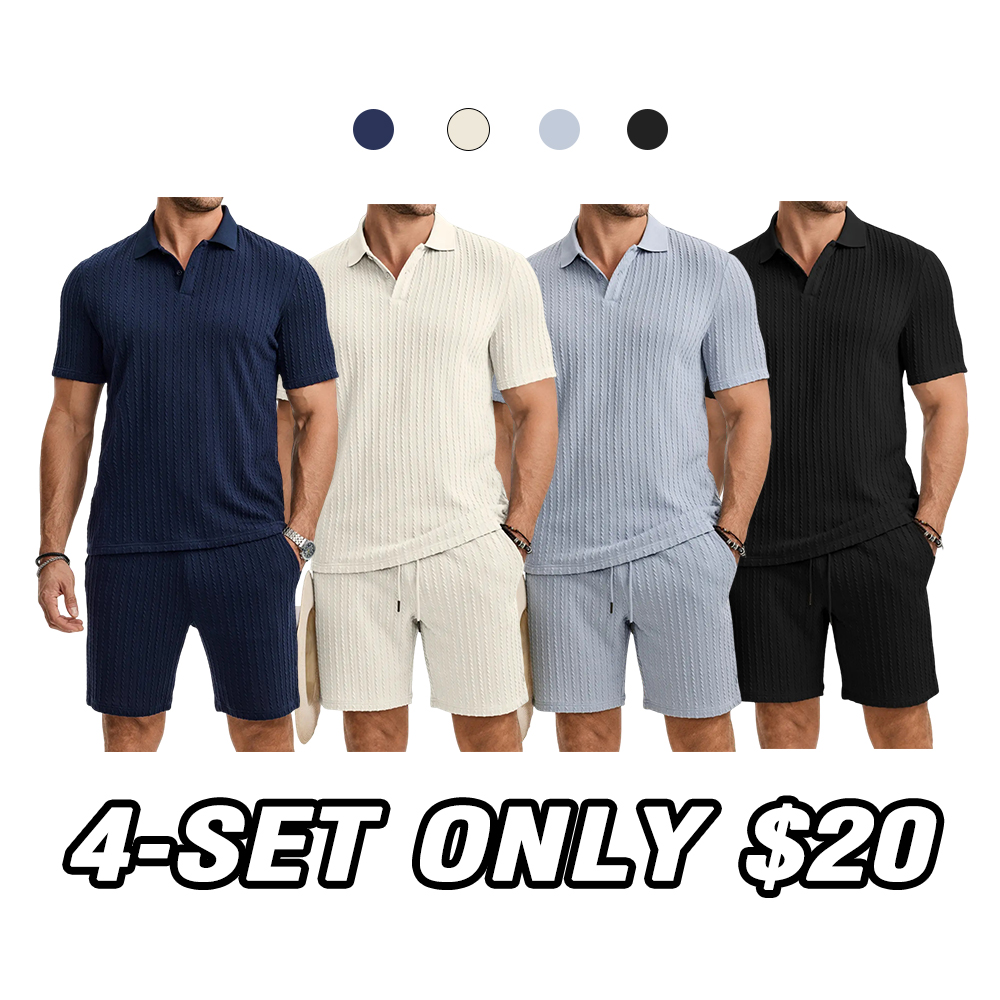 Men's 2-Piece Jacquard Knit Lounge Sets Short Sleeve Polo Shirt & Short Set