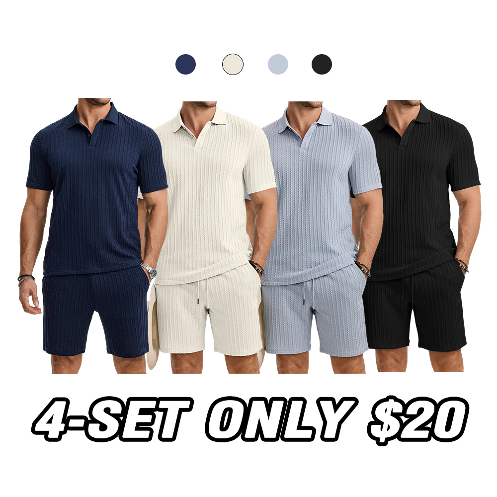 Men's 2-Piece Jacquard Knit Lounge Sets Short Sleeve Polo Shirt & Short Set