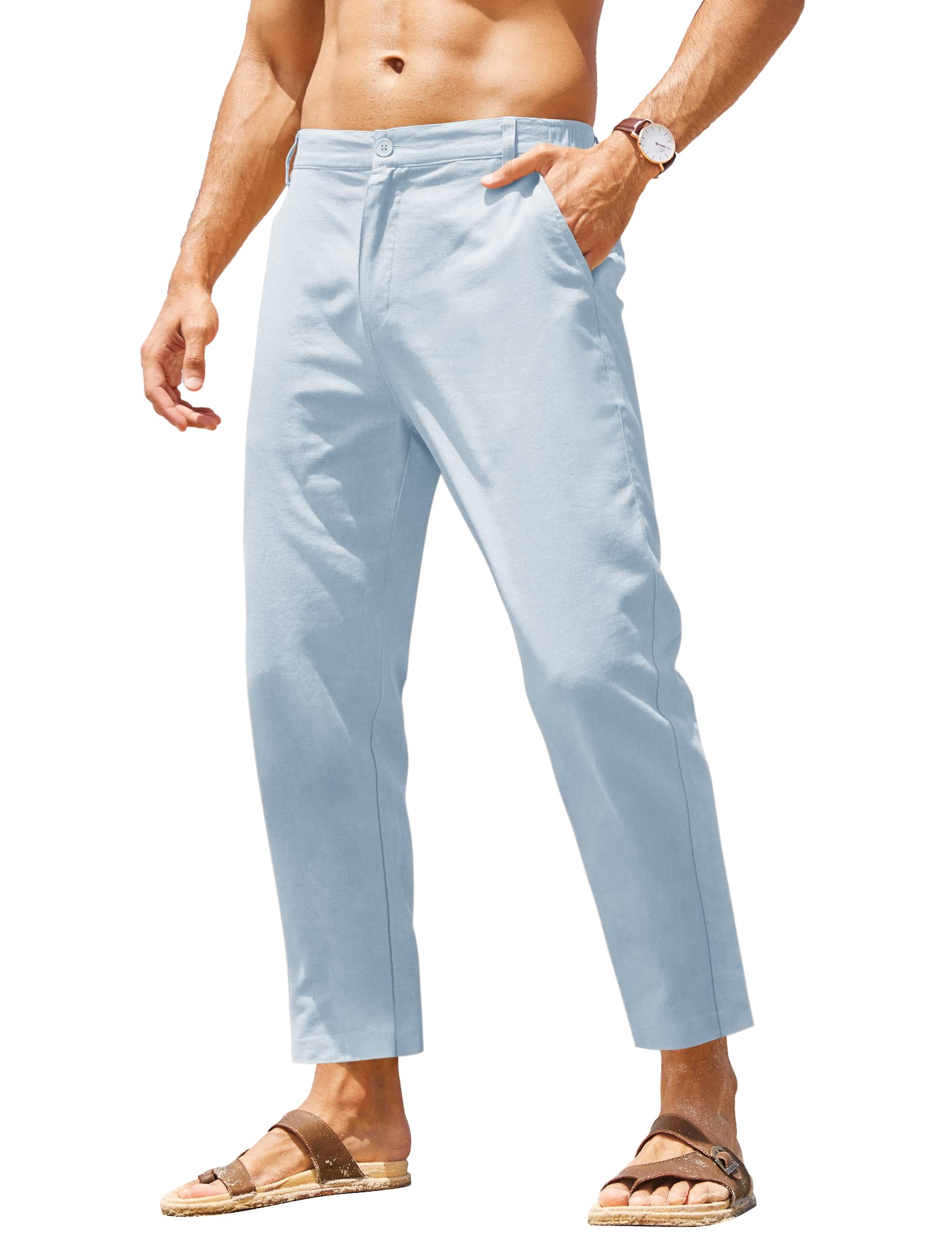 Men's Cotton Linen Pants Elastic Waist Lightweight Casual Pant