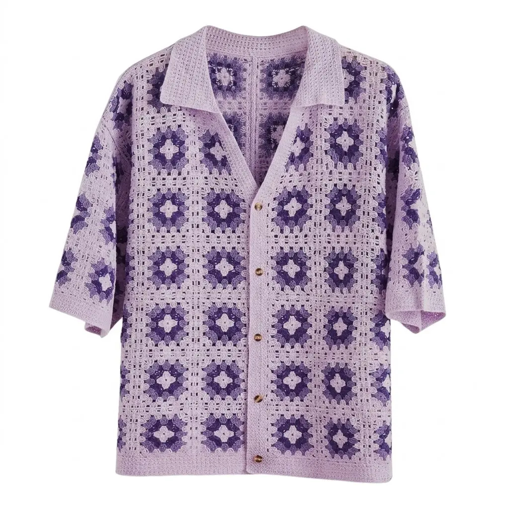 Men's Crochet Knit Button Down Shirt Short-Sleeve Boho Vacation Beach Shirt