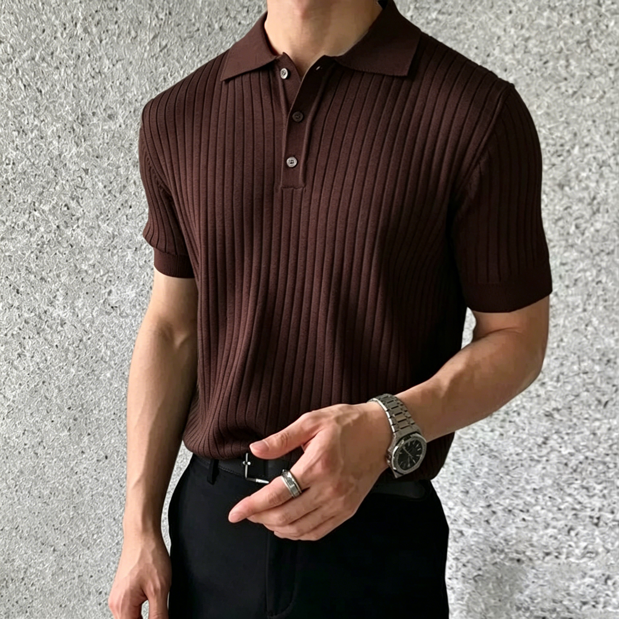 🔥Last Day Promotion!🔥Men's Short Sleeve Old Money Ribbed Knit Polo Shirt