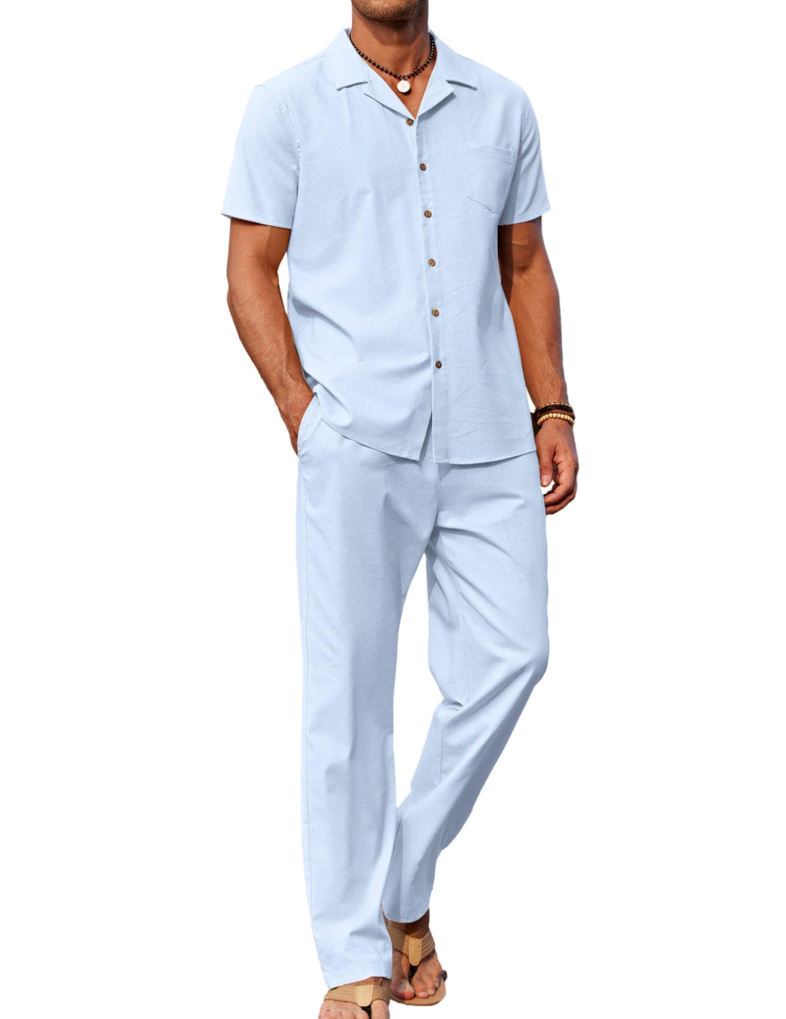 🔥Hot Summer Pick - Men's 2-Piece Linen Outfit Beach Button Down Shirt & Casual Loose Pant Set
