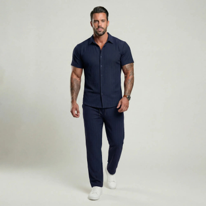 🔥Hot Summer Pick - Men's Button-Front Shirt & Drawstring Pocket Trousers Set