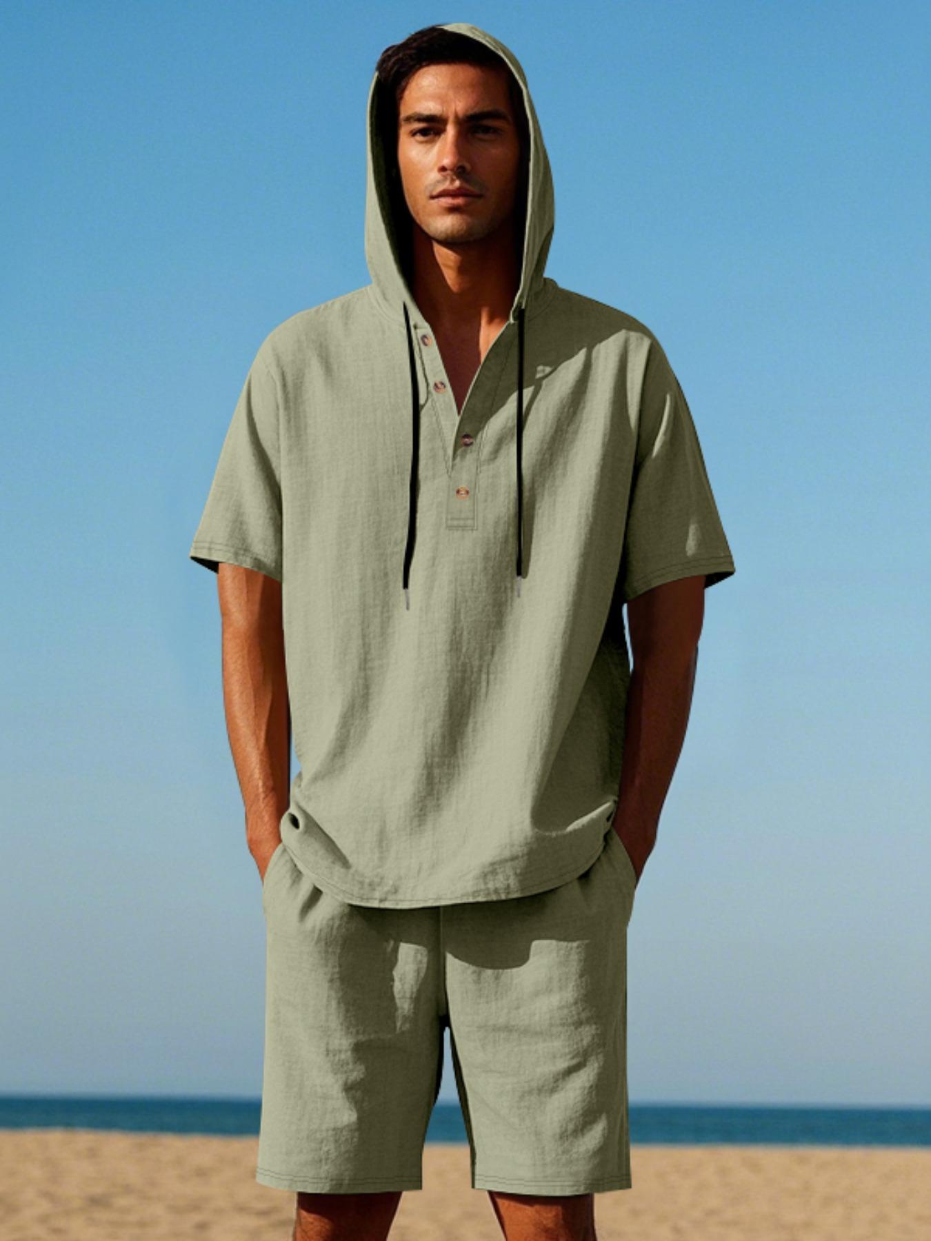 Men's Lightweight Linen Short Sleeve Hooded Henley Shirt & Short 2-Piece Set