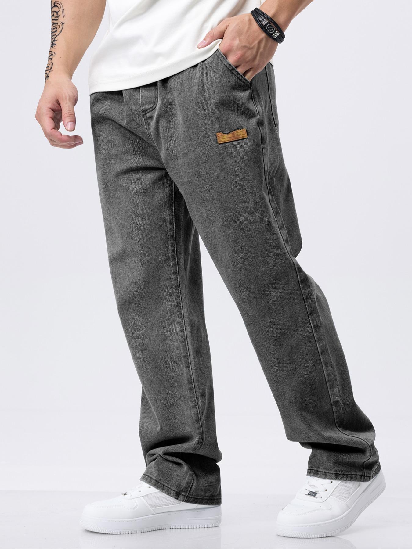 Men's Drawstring Waist Straight-Cut Jeans Washed Vintage Denim Pants