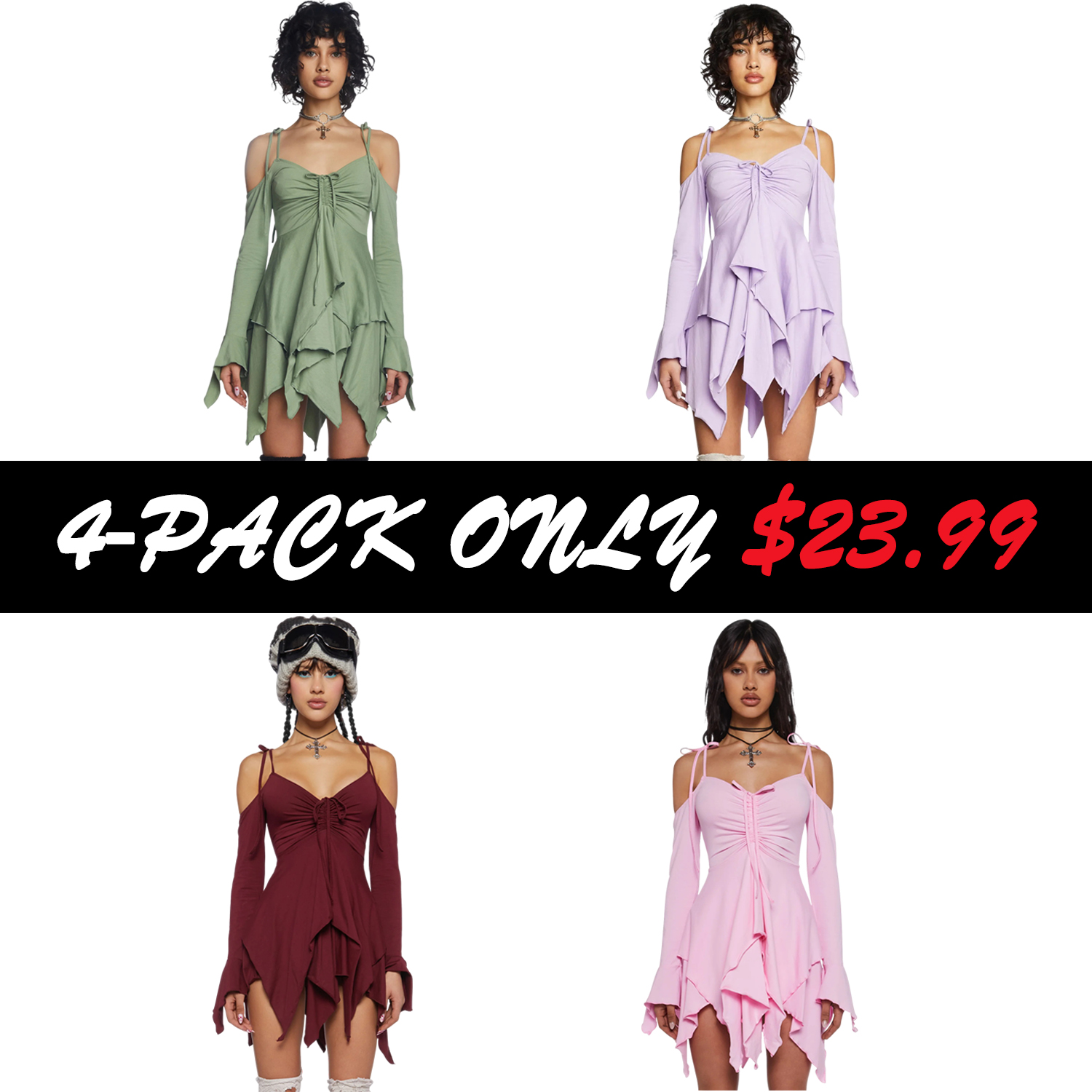 Women's Fairies Handkerchief Dress Cold Shoulder Ruffle Mini Dress