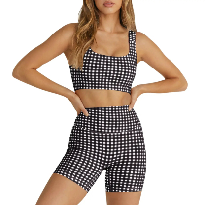 Women's 2-Piece Athleisure Wear Set Padded Gingham Crop Tank Top & High Waisted Sports Yoga Short
