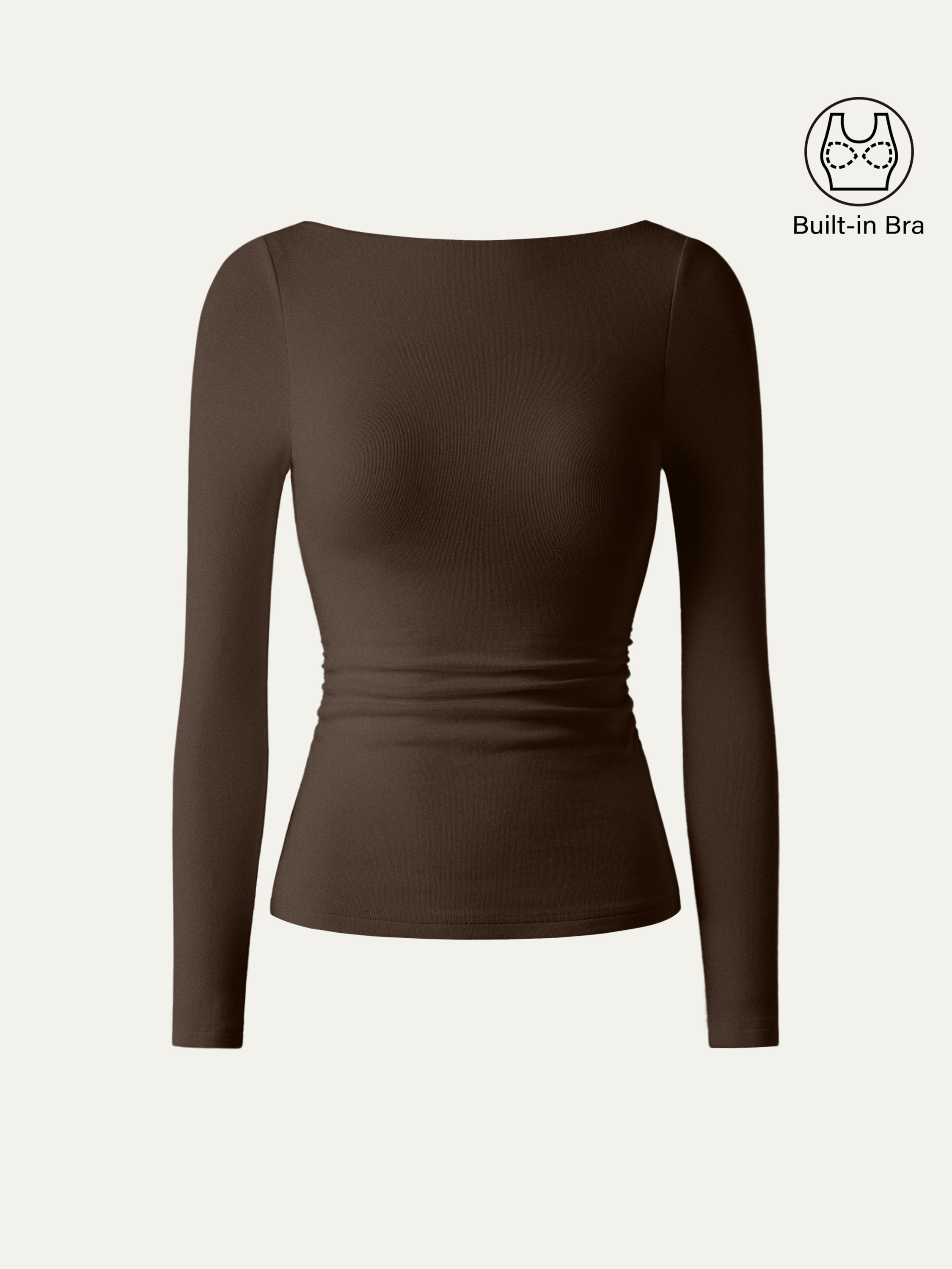 LiteWarm Boatneck Long Sleeve Open-Back Ruched Built-In Bra Top
