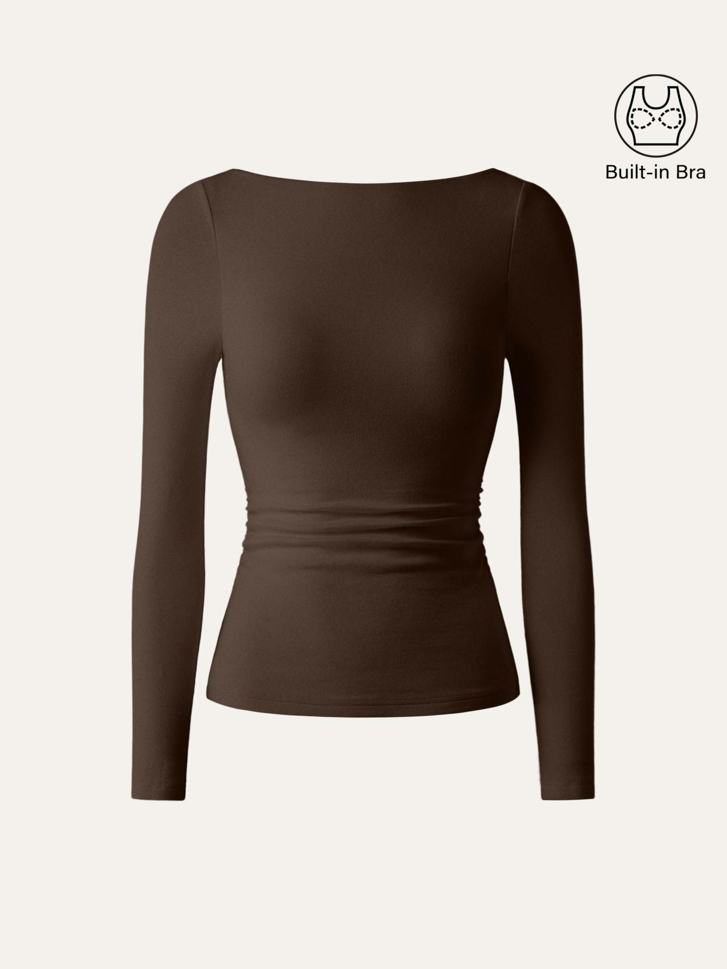 LiteWarm Boatneck Long Sleeve Open-Back Ruched Built-In Bra Top