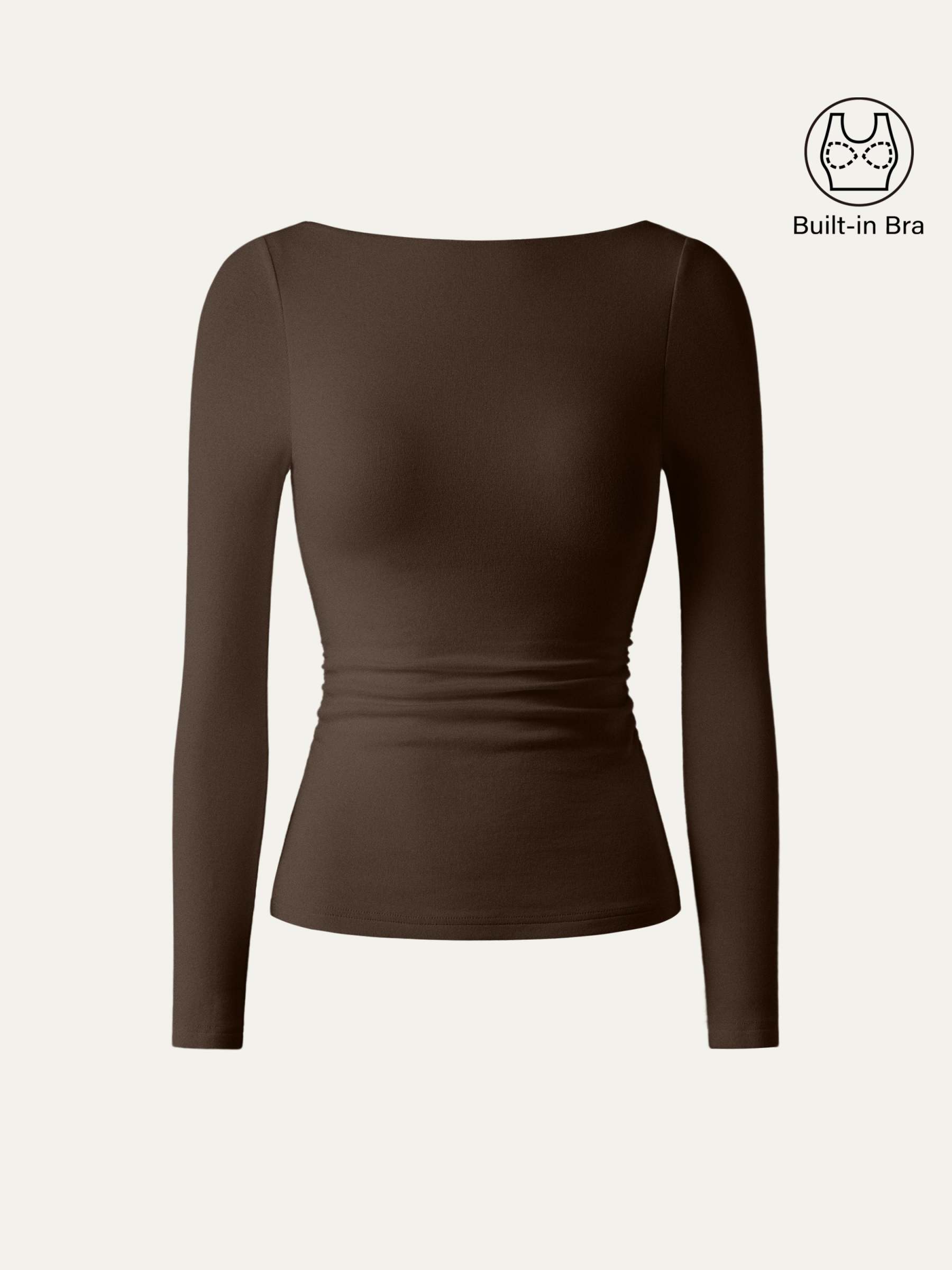 LiteWarm Boatneck Long Sleeve Open-Back Ruched Built-In Bra Top