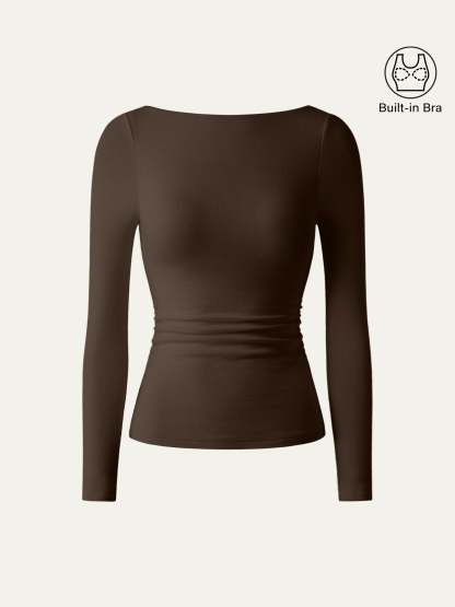 LiteWarm Boatneck Long Sleeve Open-Back Ruched Built-In Bra Top