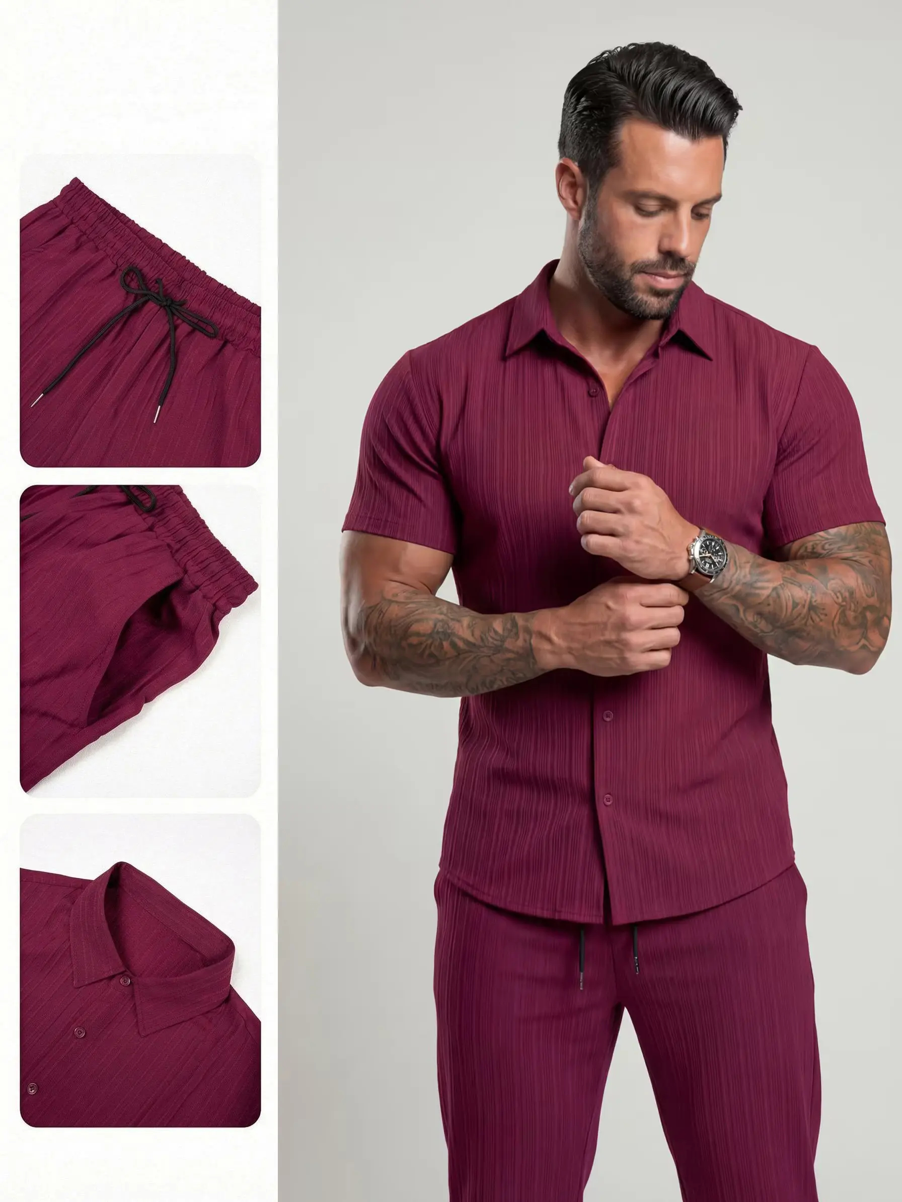 🔥Hot Summer Pick - Men's Button-Front Shirt & Drawstring Pocket Trousers Set