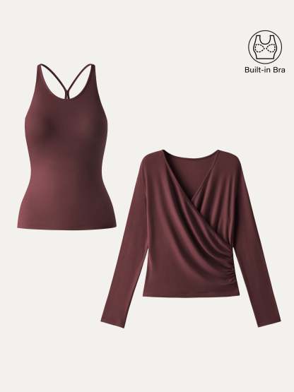 LiteWarm Two-Piece Set Cami with Surplice Ruched Built-In Bra Top