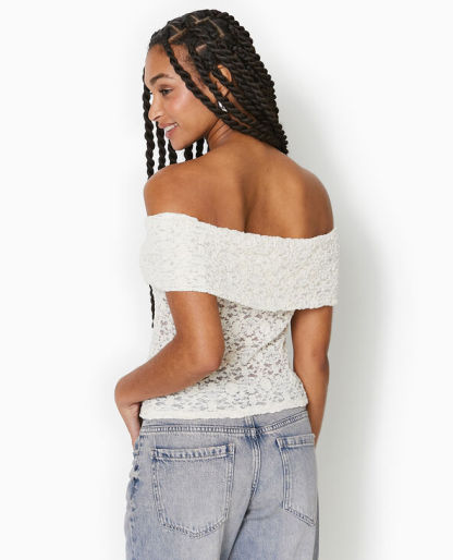 Top en dentelle encolure Bardot - Blanc