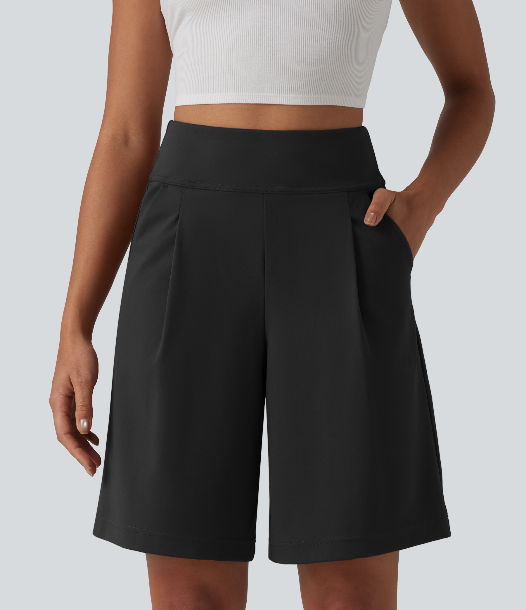 DayStretch High Waisted Pleated Work Bermuda Shorts 10'' with Pockets